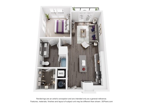The Fountain | Glenn Perimeter A 3D floor plan of a small apartment with a bedroom, bathroom, and kitchen.